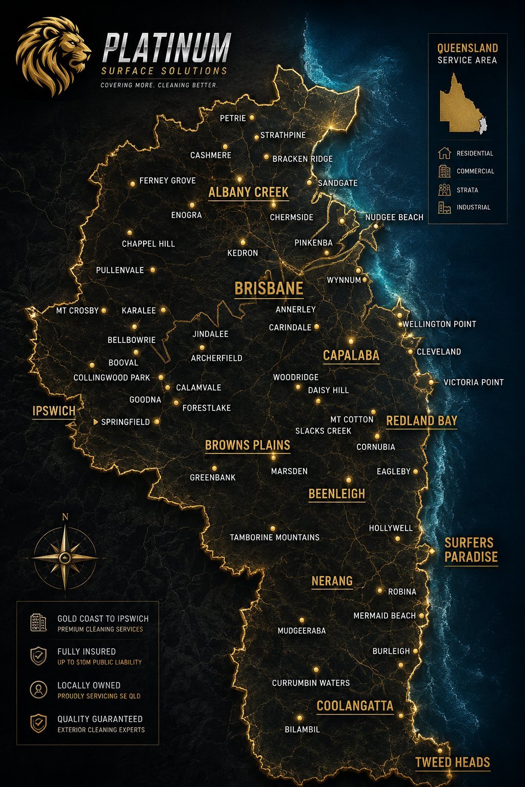 Platinum Surface Solutions service area map of Queensland, Australia with marked locations and gold outline borders on dark background