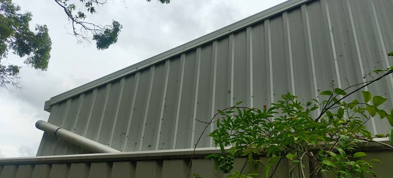 Large metal corrugated roof of industrial building with downspout and tree branches in foreground against cloudy sky